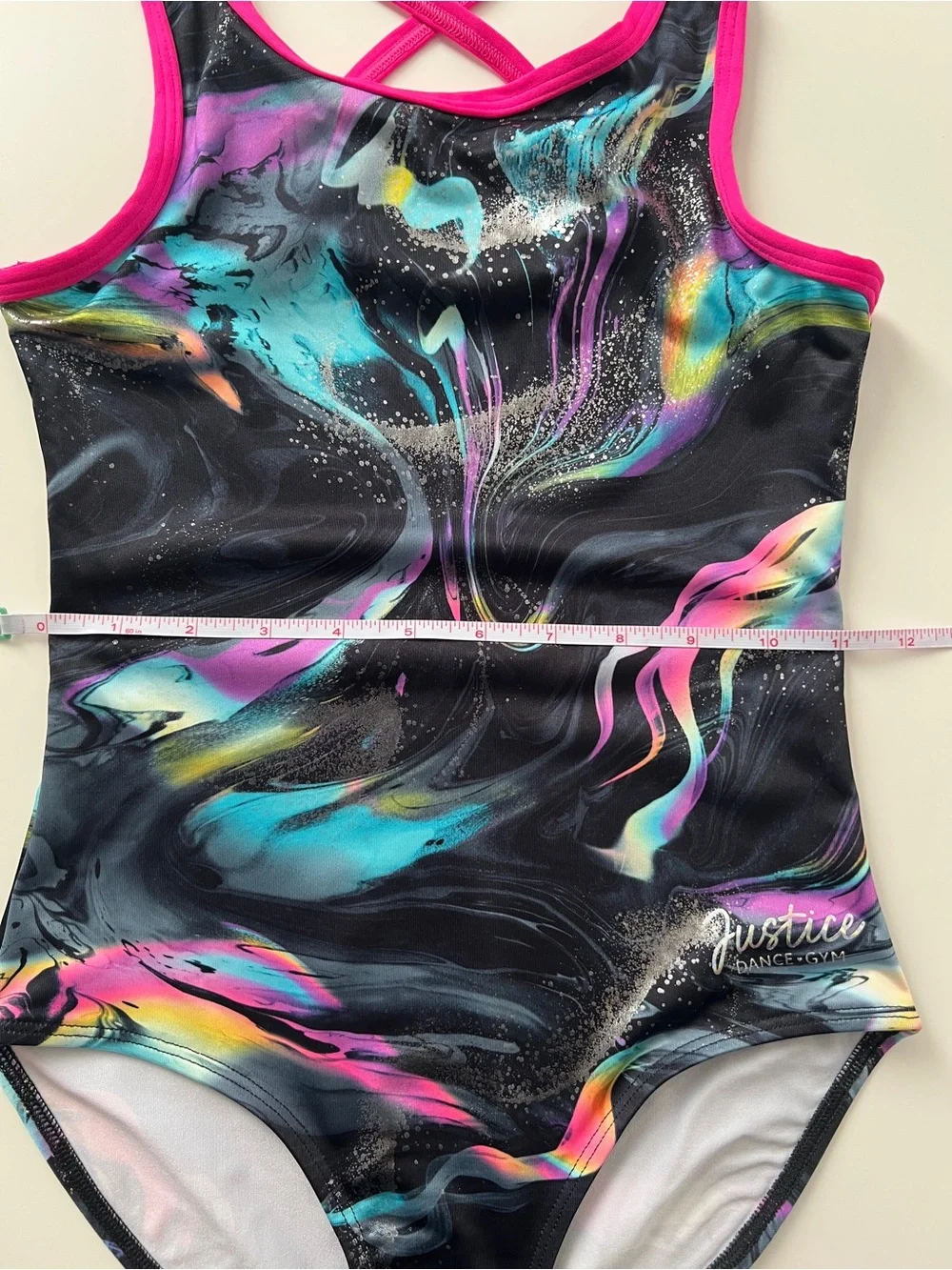 Justice Dance Gym Leotard Girls M 10 Black Neon Marble Gymnastics Dance
